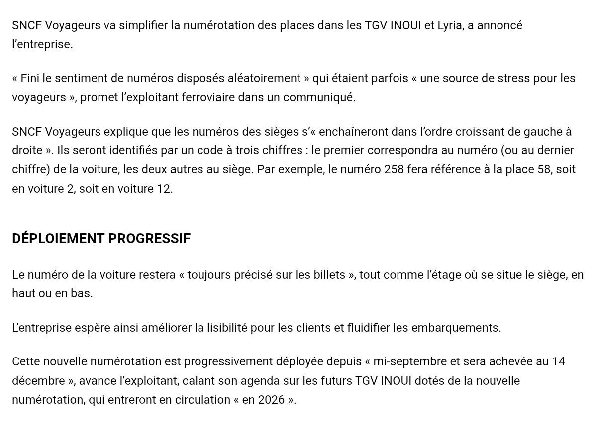 Numerotation des places dans les tgv